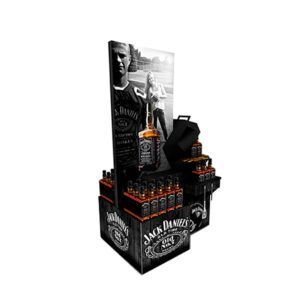 Fabricación, diseño y distribución de exhibidores de pallet completo personalizados de cartón para licores y vinos en punto de venta como tiendas departamentales o tiendas retail