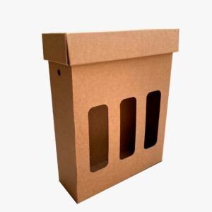 Caja de cartón personalizada sin impresión con ventanas con fondo y tapa para tres botellas de vino producción en México en alto y bajo volumen