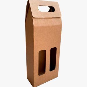 Caja de cartón personalizada sin impresión con ventana y agarradera para dos botellas de vino producción en México