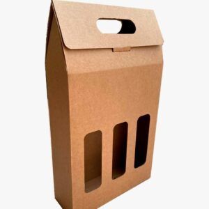 Caja de cartón personalizada sin impresión con ventana y agarradera para tres botellas de vino producción en México en alto y bajo volumen