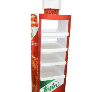 Exhibidor de piso multimaterial impreso para productos alimenticios en tiendas