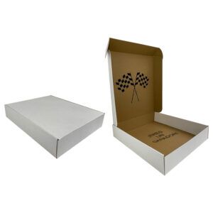 Comercialización y fabricación de cajas de cartón grande personalizadas tipo pizzera blanco kraft con impresión en negro en la cara interna de la caja en bajo y alto volumen en México